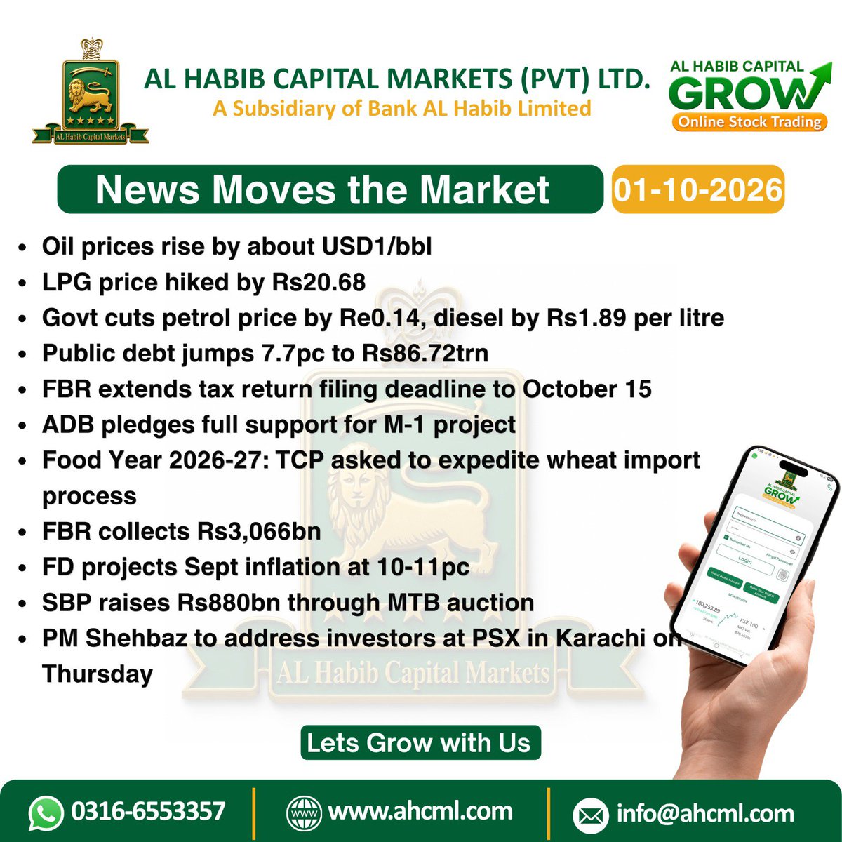 Alhabibcm's tweet photo. News Moves the Market
01 Oct 2026
#PSX #SECP #CDC #BREAKINGNEWS #NCCPL #Hiring #Investment #MarketAnalyst #CapitalMarkets #StockMarket #VIRAL #STOCKMARKET #PAKISTAN #STOCKTRADING #MORNINGNEWS #SBP #onlinetrading #profit #ad https://t.co/rYfi3aWylK