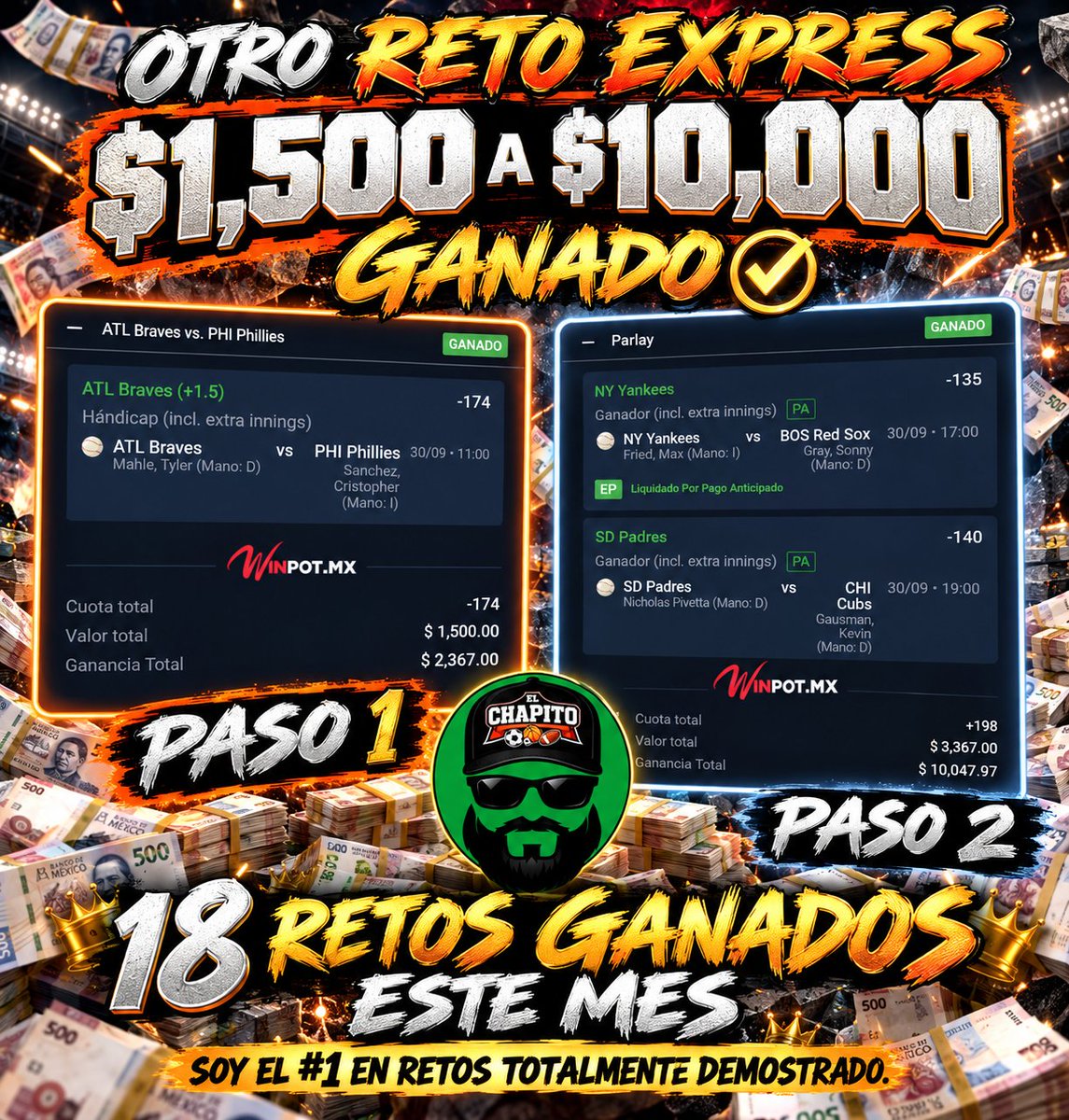 ChapitoApuestas's tweet photo. SE PRENDIÓ EL CERRO 🔥🔥🔥!!

Ganamos mi RETO EXPRESS MLB PLAYOFFS de hoy✅️🪜!!

No había otra forma de cerrar el Mes que Ganando mi RETO👊!!

18 RETOS GANADOS ESTE MES 🤯!!

Soy el #1 en Retos, está demostrado 👑!!

Regalaré Transferencias a Chingones que:
-Comenten🗨
-Den🔄❤️ https://t.co/DPYz03hWa2