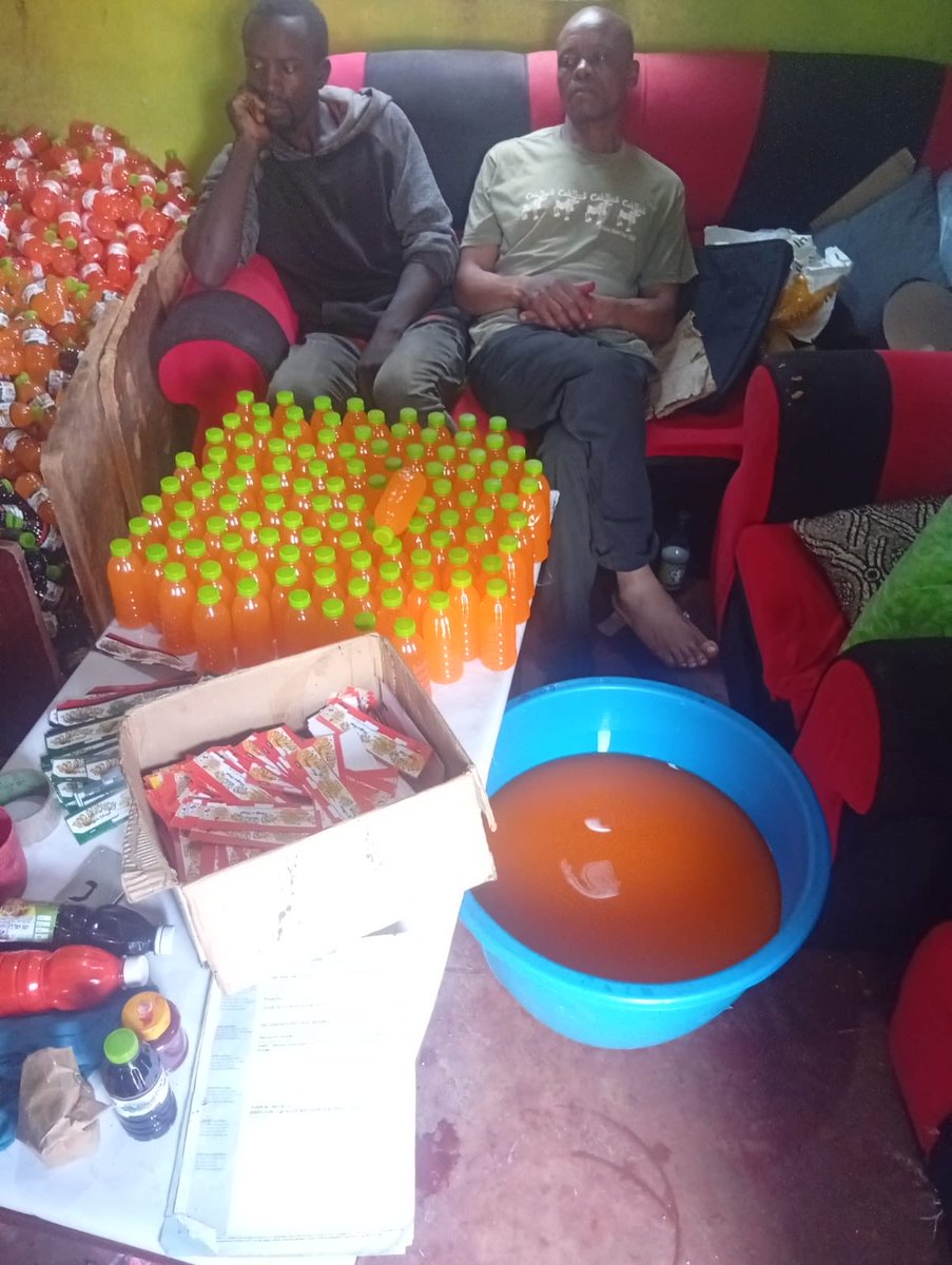 DCI_Kenya's tweet photo. 𝗖𝗢𝗨𝗡𝗧𝗘𝗥𝗙𝗘𝗜𝗧 𝗝𝗨𝗜𝗖𝗘 𝗙𝗔𝗖𝗧𝗢𝗥𝗬 𝗕𝗨𝗦𝗧𝗘𝗗 𝗜𝗡 𝗞𝗔𝗕𝗘𝗧𝗘, 𝗧𝗪𝗢 𝗦𝗨𝗦𝗣𝗘𝗖𝗧𝗦 𝗔𝗥𝗥𝗘𝗦𝗧𝗘𝗗

What looked like an ordinary homestead in Muthua, Kabete, was being used as a clandestine juice factory, until a vigilant member of the public blew the whistle.

Acting on the information, detectives from Kabete Police Station responded swiftly. At the homestead, they found two men, Alex Mwaruta and James Munala Inyangala in the middle of producing counterfeit juice. Both were arrested on the spot.

A search of the homestead then peeled back the layers of the operation, revealing what appeared to be a fully fledged counterfeiting setup. Detectives recovered approximately 1,400 filled 200ml and 300ml bottles of suspected counterfeit juice, alongside 56 cartons of empty bottles, five packets of bottle tops, two blue drums and three assorted-colour basins.

Also recovered were office glue, rubber stamps and ink, assorted stickers, an expired certificate authorising the use of the Standardisation Mark for a well-known juice brand, as well as assorted powdery and colourless substances packed in polythene bags in 50-gram portions and in 200ml and 300ml bottles.

The scene was subsequently processed by detectives from the Crime Scene Investigation (CSI), while the recovered items were secured as exhibits.

The two suspects remain in custody as investigations continue.

Counterfeit beverages produced in unregulated and unhygienic environments can expose unsuspecting consumers to serious health risks. Such illegal operations also undermine legitimate manufacturers and deprive the government of rightful tax revenue.

The DCI remains relentless in trailing down counterfeiters and dismantling the networks behind the trade.

#FichuaKwaDCI. Call 0800 722 203 (toll-free) or WhatsApp 0709 570 000 to report anonymously. Usiogope!