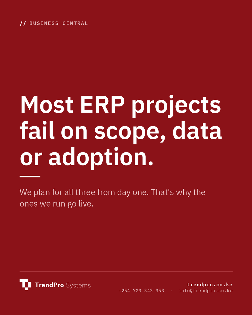 TrendPro_Kenya's tweet photo. ERP projects rarely fail on technology. They fail on unclear scope, dirty data and staff who never adopted the system. We plan for all three from day one.
Check out our website via https://t.co/6PxYn5KrU7 and learn more
#webapps #microsoftdynamics365 #trendpro https://t.co/mDGnEUPEX3