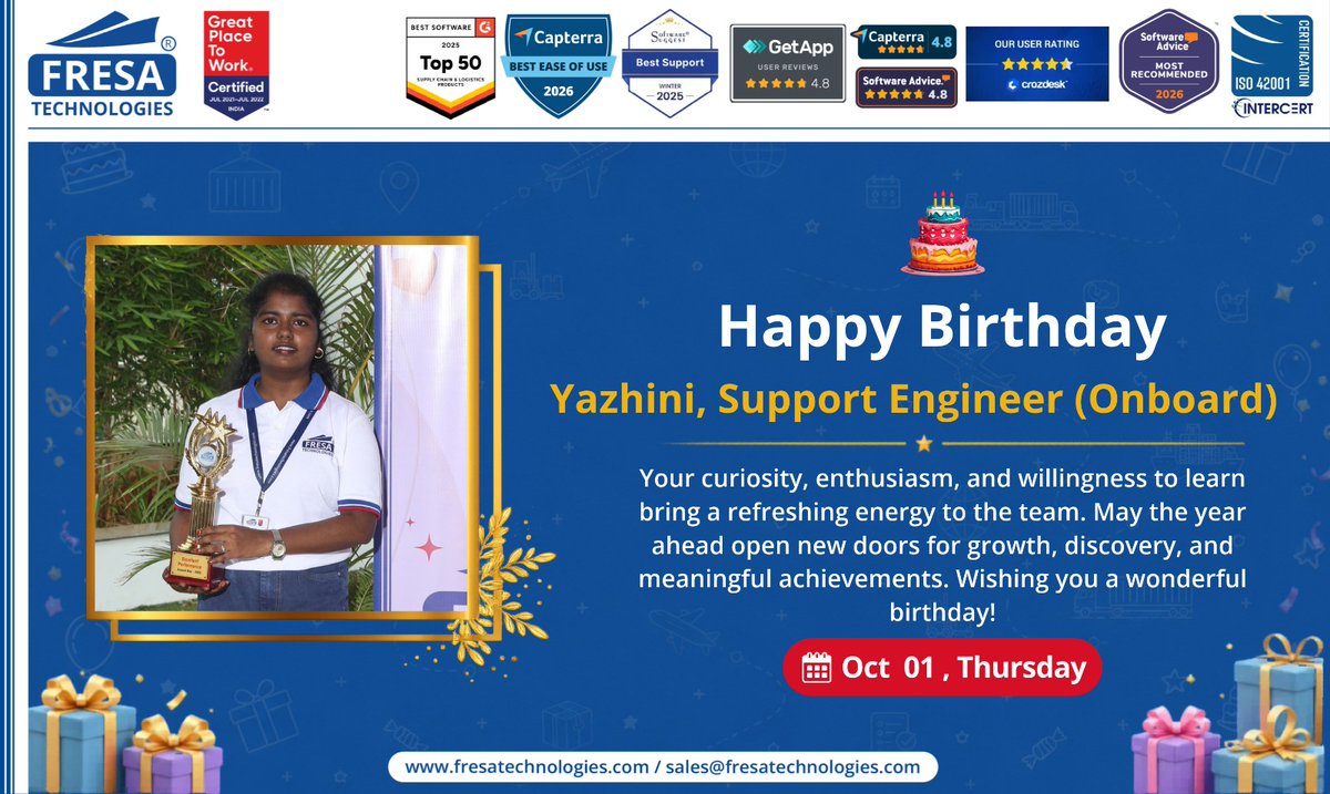 fresatechnology's tweet photo. 🎊🎉Happy Birthday Yazhini🎂
  
Follow the Fresa Technologies channel on WhatsApp: https://t.co/jw6K6NyjGH

📧 sales@fresatechnologies.com
📲 +91 93449 12004

#TeamCelebration #WorkplaceCulture #EmployeeAppreciation #LifeAtFresa #TeamFresa #TeamSuccess #HappyBirthday https://t.co/wCyGpY8ufL