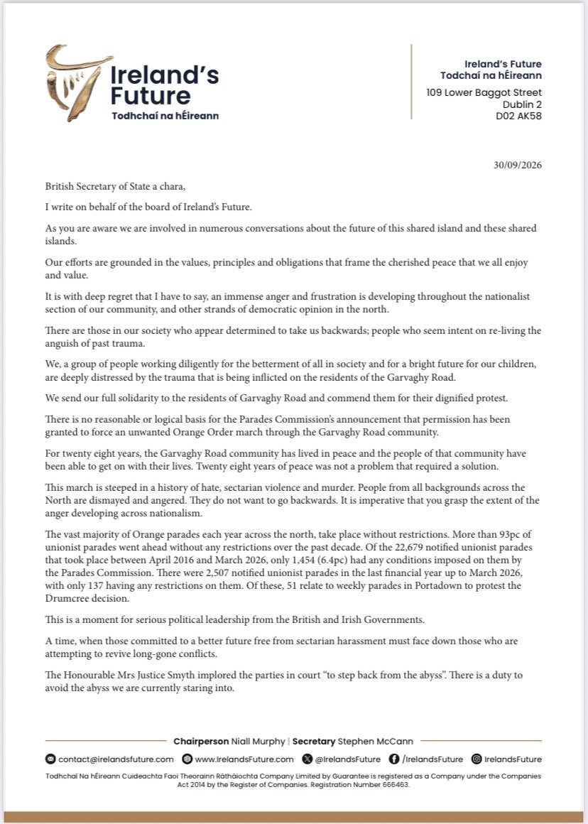 IrelandsFuture's tweet photo. ✍️ A letter from Ireland’s Future to the British Secretary of State

🚨“Immense anger is developing throughout the nationalist community, and other strands of democratic opinion in the north”

🚨“There is a duty to avoid the abyss we are currently staring into”

@RhonddaBryant https://t.co/ioO6AUXX0D
