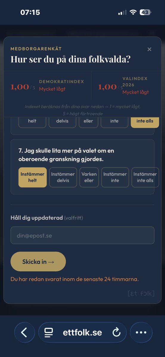 blomstermillan's tweet photo. @normbrytande Hej! Verkar vara en bugg. När jag skulle skicka enkätsvaren stod det att jag redan svarat inom senaste dygnet. Vilket jag inte gjort. https://t.co/vId3G2omn5