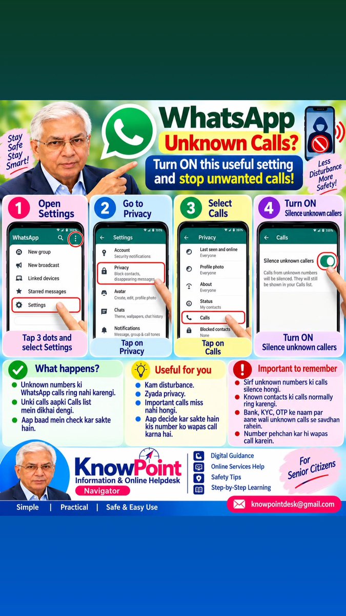 KnowPointDesk's tweet photo. 🔕 Stop unknown WhatsApp calls from ringing:
Settings → Privacy → Calls → Silence unknown callers → ON
They won't ring, but still show in your Calls list.
📧 knowpointdesk@gmail.com
#WhatsAppTips #KnowPoint https://t.co/wthwLuZz4A