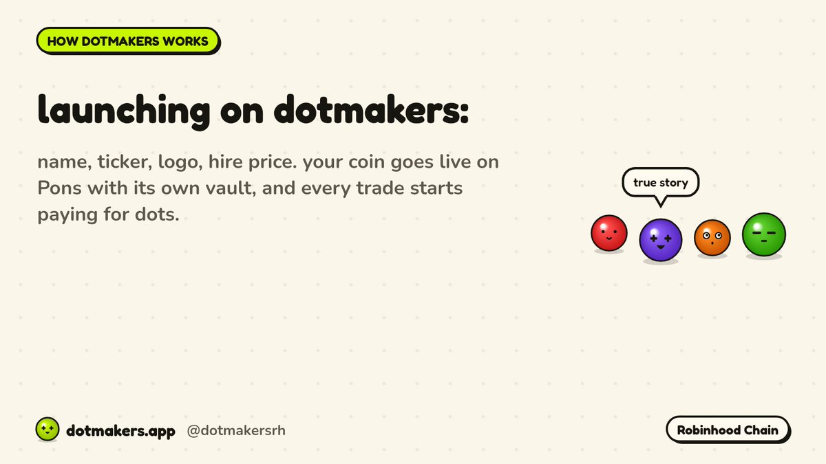 Dotmakersrh's tweet photo. the whole hr packet: name, ticker, logo, hire price.

sign it and your coin goes live on Pons with its own vault. every trade chips into payroll, and the dots start clocking in.

https://t.co/D8Cjc72Bhc https://t.co/EJM69uYEfy