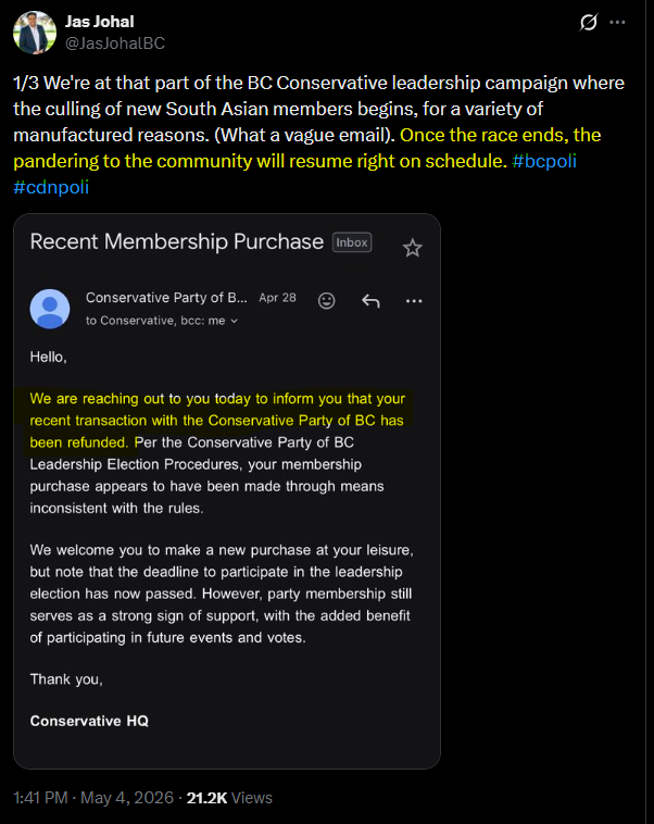 BcMeggster's tweet photo. @Anthony__Koch @JasJohalBC @BCConservCaucus and just an observation. Apollo Chung likely didn't call "white people crazy" in front of white people, so, who did he say that to?

Teresa Wat?  or the South Asian group that @JasJohalBC  mentions will "resume" once the leadership race was over? 

#bcpoli #northVan #vanpoli https://t.co/Lqhyo2npeR