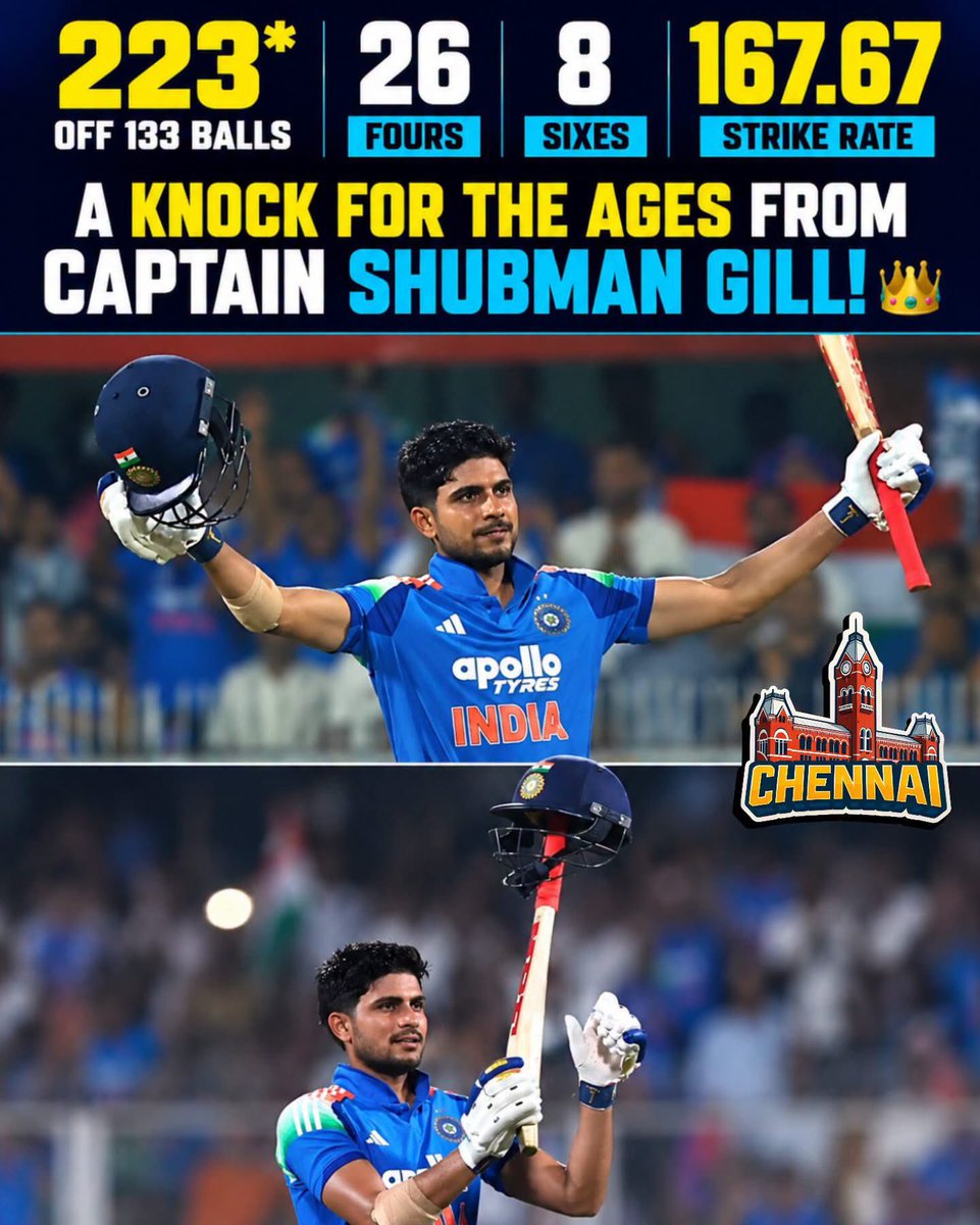memeschennai's tweet photo. 🚨 SHUBMAN GILL WITH A MONSTROUS KNOCK! 🔥🇮🇳
223* runs off 133 balls
26 Fours | 8 Sixes
Strike Rate: 167.67
A KNOCK OF THE AGES from Captain Shubman Gill! 👑🏏
#ShubmanGill #TeamIndia #IndianCricket #Cricket #Gill #CaptainGill #CricketNews #CricketUpdates #India https://t.co/Q4bwYlt63d