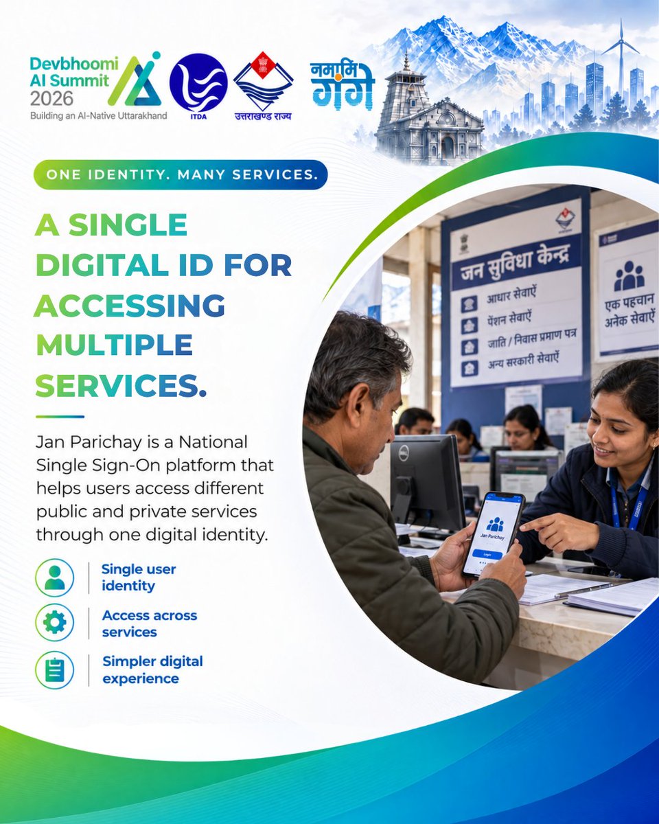 DevboomiAI's tweet photo. One identity. Many services.

Jan Parichay can support simpler access to services, faster delivery and stronger digital governance as Uttarakhand works towards a more connected, citizen-centric service ecosystem.

#AISummit2026 #JanParichay #DigitalGovernance #Uttarakhand https://t.co/4BMXGcLzIf