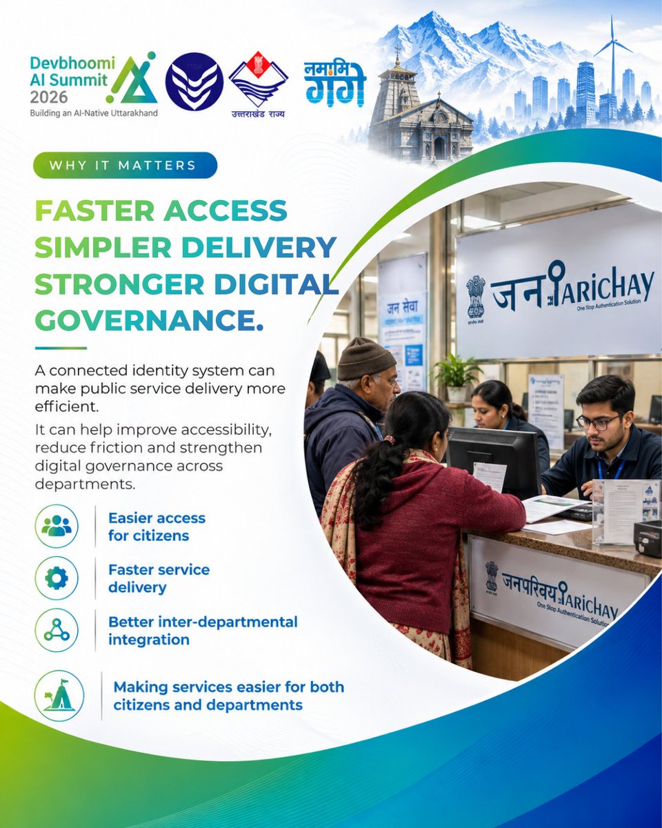 DevboomiAI's tweet photo. One identity. Many services.

Jan Parichay can support simpler access to services, faster delivery and stronger digital governance as Uttarakhand works towards a more connected, citizen-centric service ecosystem.

#AISummit2026 #JanParichay #DigitalGovernance #Uttarakhand https://t.co/4BMXGcLzIf