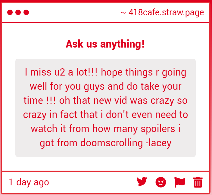 Tabletopentries's tweet photo. 1. Hi !!! Things for me (Haunz) have been pretty good!! Wish has gon M.I.A tho... and all the new uploads are actually insane bro.

2. Things are sunshine and rainbows!! Wish still has access to this account so I do hope he comes back to talk to you guys as well! https://t.co/XzR4gibdfr
