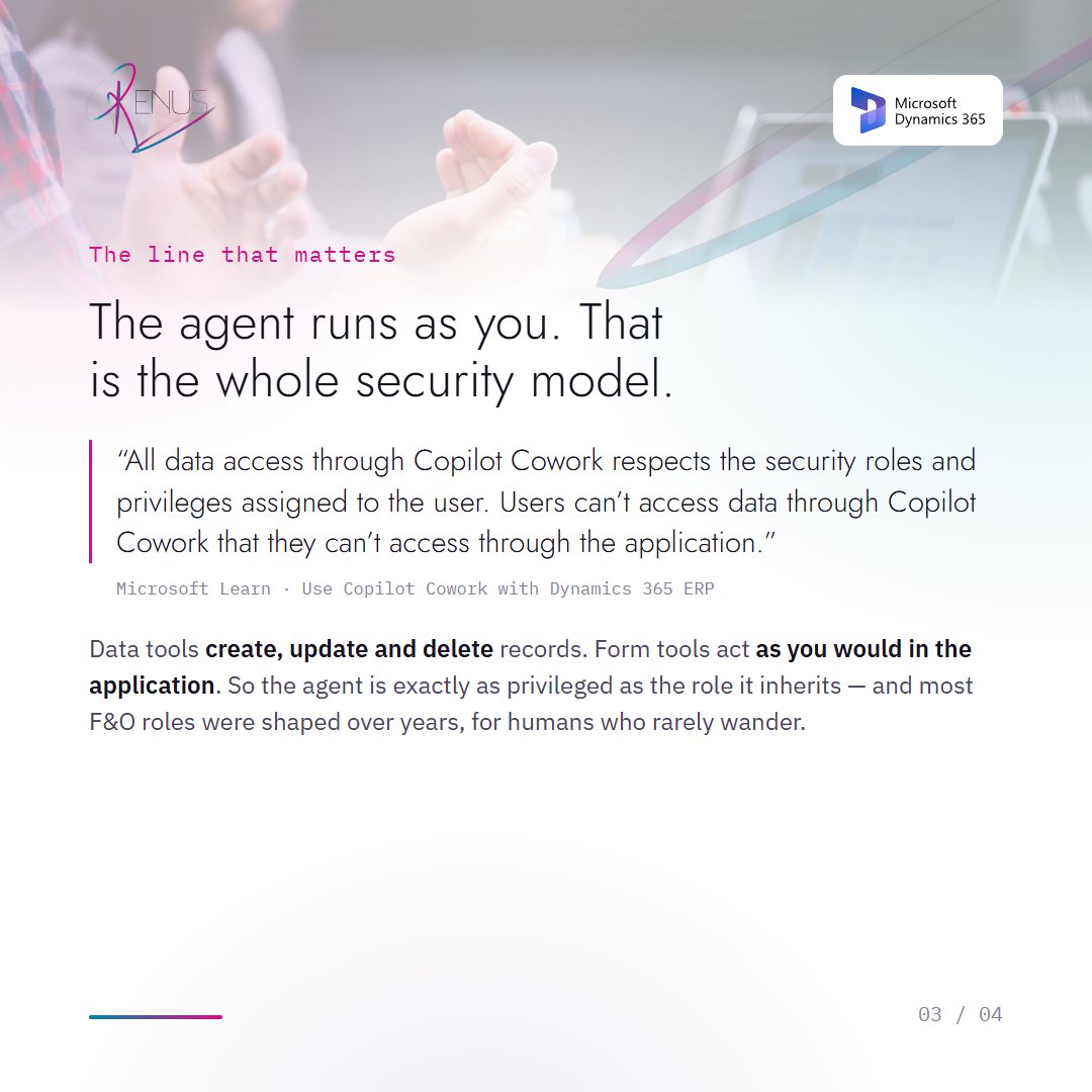RenusTech's tweet photo. Microsoft's agentic ERP roadmap landed 23 Sept. Already GA: the D365 ERP MCP server and the Copilot Cowork ERP plugin.

Its data tools create, update and delete records, under your security role.

Agent-specific access controls? Roadmap, to Mar 2027.

#Dynamics365 #AIinProduction https://t.co/xF6AhWrr9N