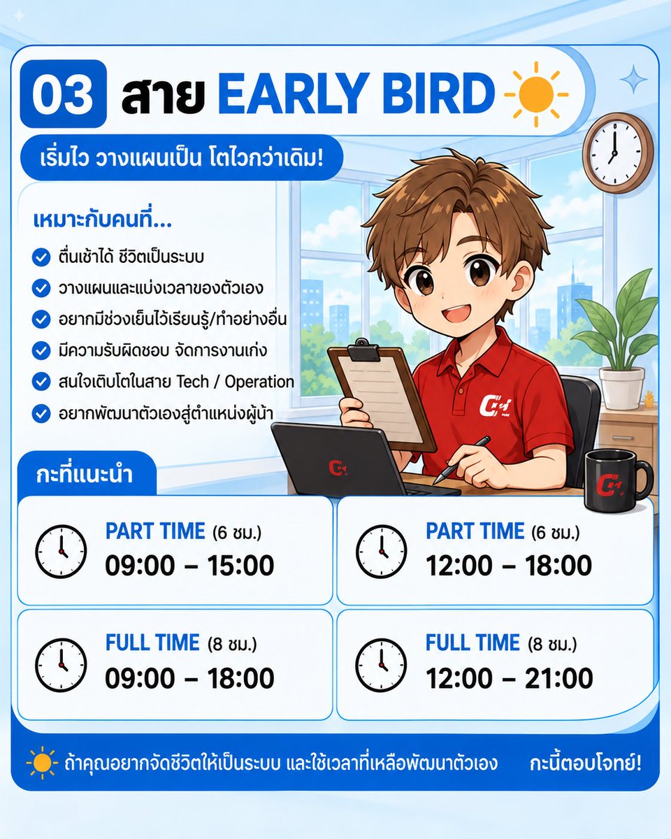 inblackmexp's tweet photo. ⏰ เลือกกะที่ใช่ ให้เข้ากับไลฟ์สไตล์คุณ!
จะสายตื่นเช้า หรือสายเริ่มวันช้าหน่อย ก็ลองเลื่อนดูว่า กะไหนเหมาะกับคุณ 👀✨

ที่ INBLACK เรามีกะให้เลือก พร้อมโอกาสทำงานในบริษัทเกม 🎮

📍 โฮมออฟฟิศ หมู่บ้านนิรติ นครปฐม
หลังเซ็นทรัล นครปฐม

📬 Inbox: Inblackm Experience
สมัครผ่านเว็บไซต์ https://t.co/YqJ5SnRlex
LINE: @inblackmexp
📞 093-282-6526

เจอกะที่ถูกใจแล้ว ส่ง Resume มาทำความรู้จักกันได้เลย ❤️

#สมัครงาน #หางานนครปฐม #งานFullTime #งานPartTime #งานบริษัทเกม #เด็กจบใหม่ #Inblack #หางานพาร์ทไทม์ #หางานศาลายา