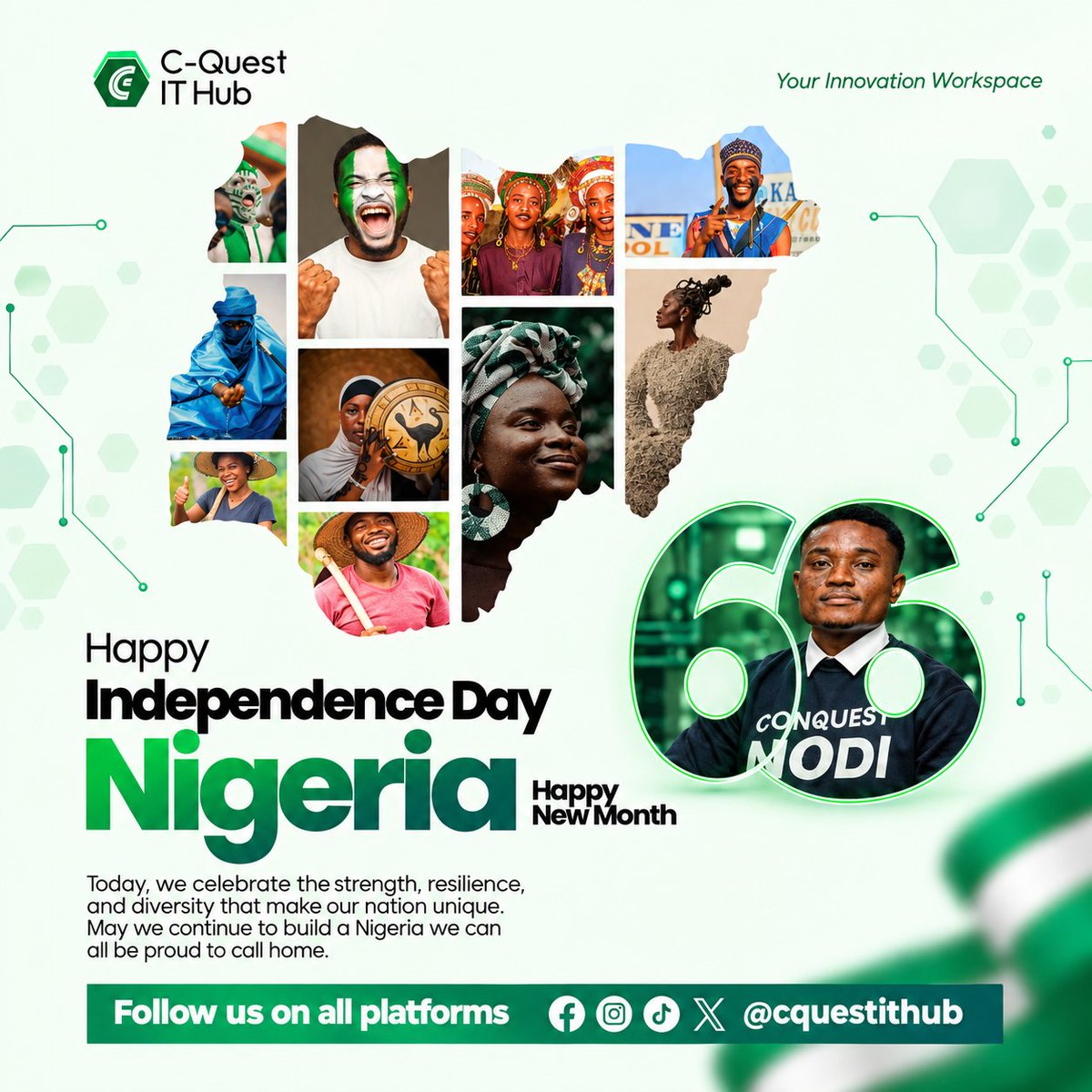 cquestithub's tweet photo. Celebrating the resilience, grit and strength of every Nigerian! 🇳🇬✨🌱

Happy Independence Day, Nigeria and happy new month from C-Quest IT Hub. 

#CQuestITHub #independenceday #nigeria #october #newmonth https://t.co/aPNvF7nzSz