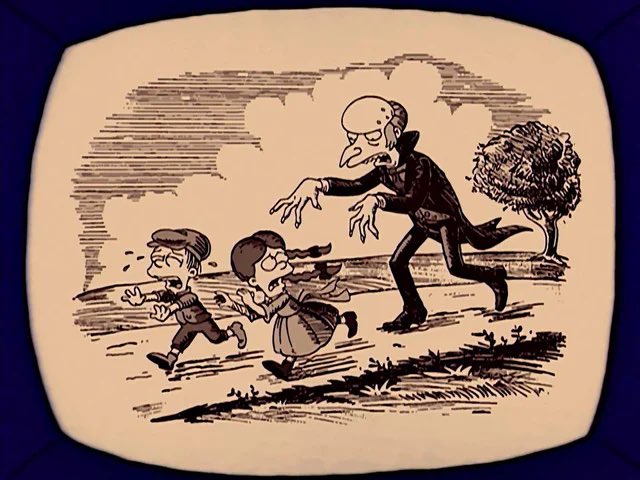 Criminalsimpson's tweet photo. Local villain Montgomery Burns, seen here terrorizing children in a 19th century woodcut. https://t.co/OMFfzbLrWz