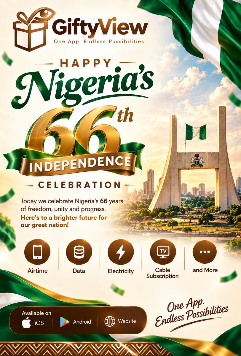 giftyviewapp's tweet photo. Today, we celebrate the strength, unity, resilience, and endless possibilities that make Nigeria truly special. 💚🤍💚

At GiftyView, we believe in making everyday life simpler, more connected, and more convenient, all from one app.

Airtime. Data. Electricity. Cable subscriptions. Fund betting wallets, Gift cards. And more.

One App. Endless Possibilities.

Here’s to a brighter, more connected Nigeria. 🇳🇬✨

Happy Independence Day from GiftyView!