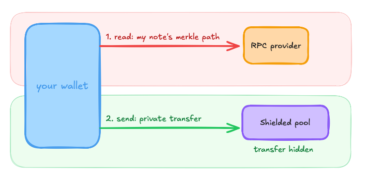 impoulav's tweet photo. A shielded pool hides your transfers, but it doesn't hide what your wallet asks an RPC right before sending.

To spend a private note, the wallet first reads the chain, like fetching that note's merkle path. that read usually goes to a third-party provider. https://t.co/U1oHLUixlP