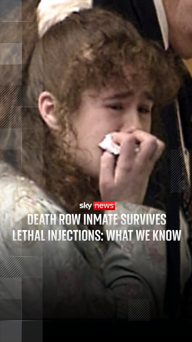The caption reads: "DEATH ROW INMATE SURVIVES LETHAL INJECTIONS: WHAT WE KNOW," displayed beneath a Sky News logo over an image of a crying woman with curly hair holding a tissue to her face. The image relates to the story about Christa Pike, a death row inmate whose execution was delayed, appearing to show her emotional reaction during the proceedings.