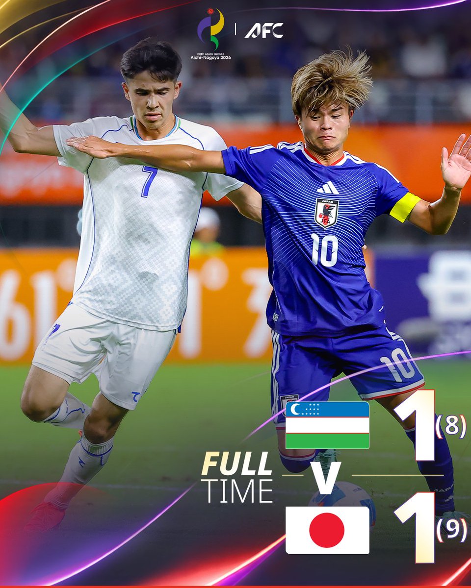 afcasiancup's tweet photo. FT | 🇺🇿 Uzbekistan 1️⃣-1️⃣ Japan 🇯🇵 (8️⃣-9️⃣ on pens) 

As close as it gets! Japan sneak into the Asian Games gold medal match after a close encounter with Uzbekistan! https://t.co/lwPFFFaQP1