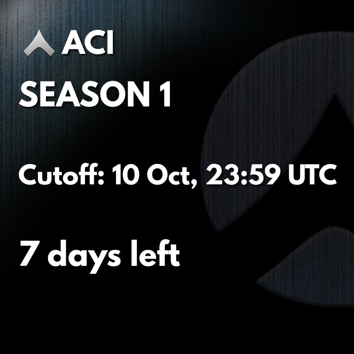 ACIToken's tweet photo. 9 days left.Season 1 cutoff: 10 Oct, 23:59 UTC.
 Missions already done still count. 
After that: snapshot.
Tokens are vested.

$ACIToken https://t.co/AU8RW4qvzd