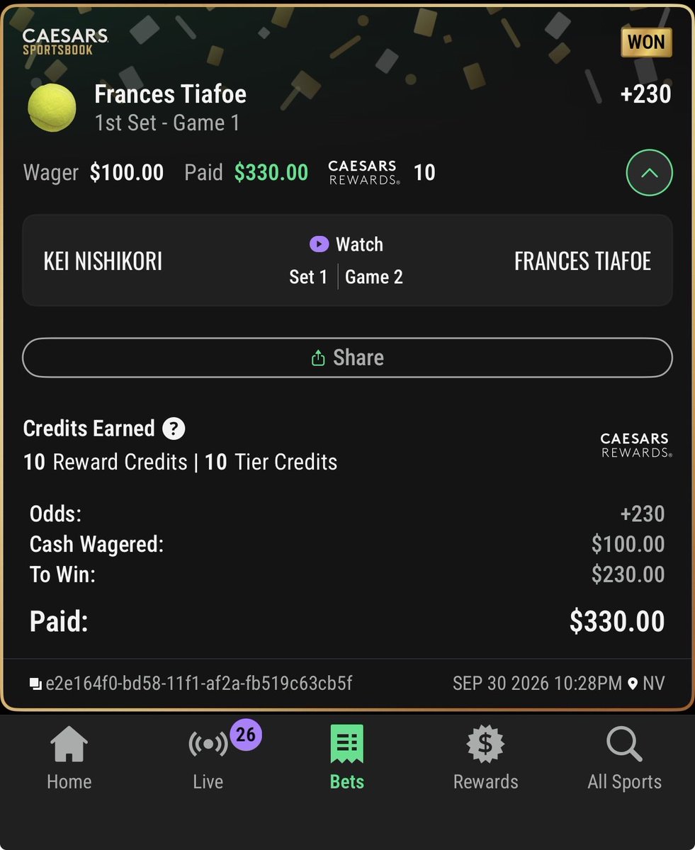 IvckyP's tweet photo. Add Big Foe to the list!!! Game 1! #BigFoe #FrancesTiafoe #tennis #Gambling𝕏 #gamblingtwitter https://t.co/vlDchb6RNM