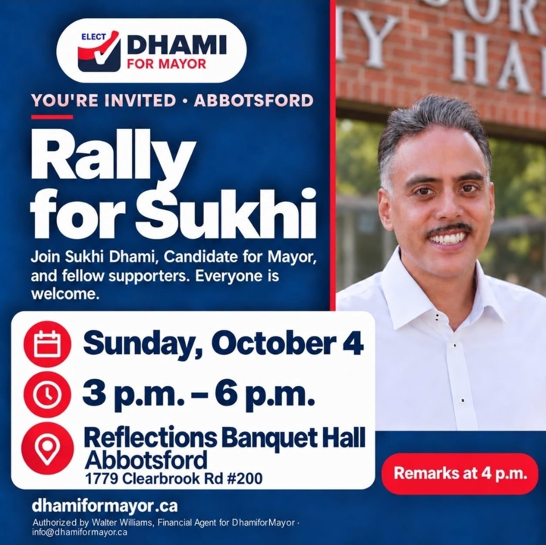 DustinHiles's tweet photo. Looking forward to hearing what @SUKHIDHAMI has to offer, this weekend, and what his vision for my hometown #Abbotsford is. If you can make it out please join me!  #bcpoli https://t.co/N7S59BuJeL