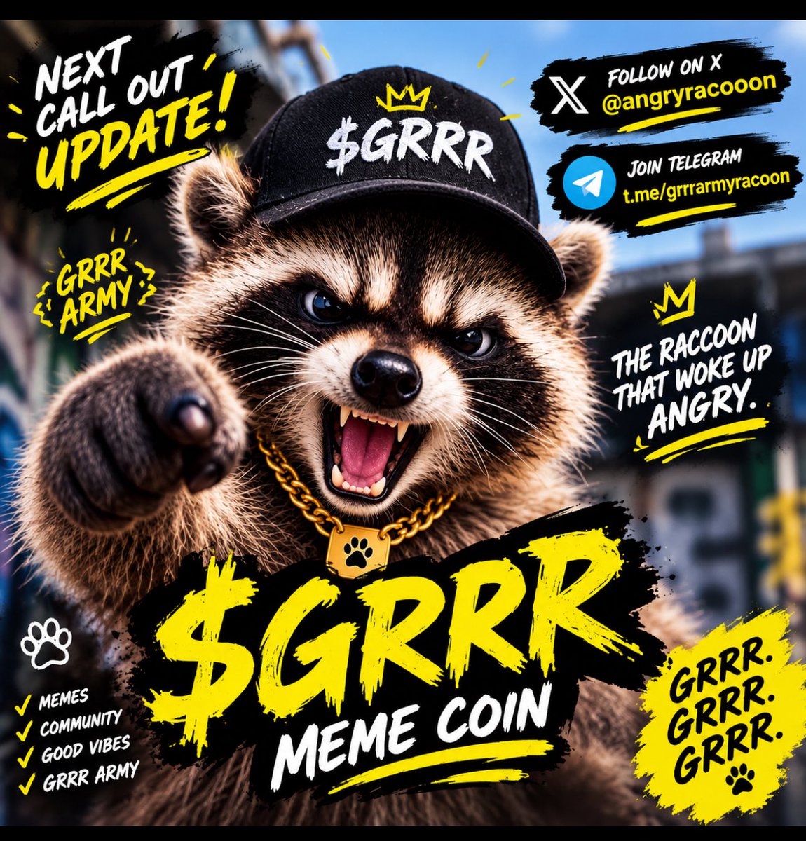 Angryracoooon's tweet photo. 🦝 $GRRR — THE RACCOON THAT WOKE UP ANGRY.

No roadmap. No complicated story. Just GRRR energy, memes, and a community ready to make noise.

🐾 GRRR Army
🔥 Meme-powered
🚀 Built for the culture

GRRR. GRRR. GRRR.
The raccoon has entered the chat. 🦝 https://t.co/avdKobohq5