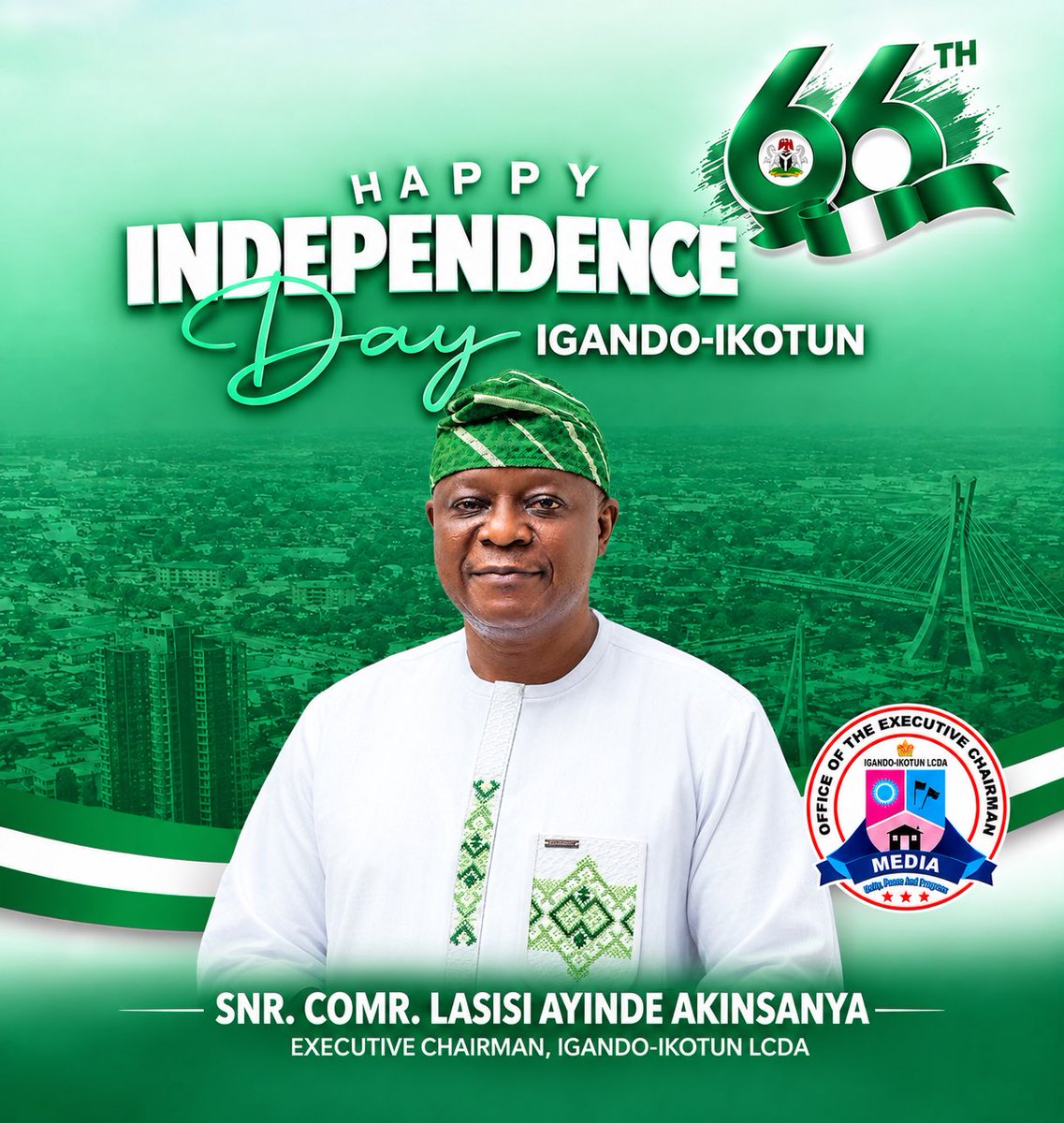 Igandoikotun's tweet photo. On this special occasion of the 66th Independence Anniversary of the Federal Republic of Nigeria, I extend warm greetings and heartfelt best wishes to the Management Team, Executive Members, and the good people of Igando-Ikotun LCDA. https://t.co/EbomPnVrXt