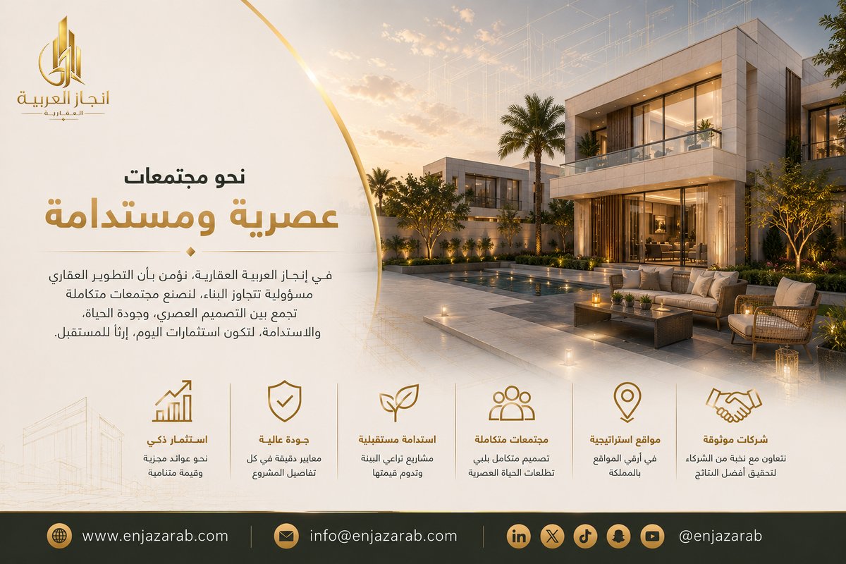 enjazarab's tweet photo. ✨نحو مجتمعات ع��رية ومستدامة 🏡✨
في إنجاز العربية العقارية نؤمن بأن التطوير يتجاوز البناء لنصنع مجتمعات متكاملة تجمع التصميم العصري وجودة الحياة والاستدامة، لتكون استثمارات اليوم إرثاً للمستقبل 🌿🏢
@enjazarab
 
#العقار #السوق_العقاري #إنجاز_العربية_العقارية https://t.co/HOuNnkeqv9