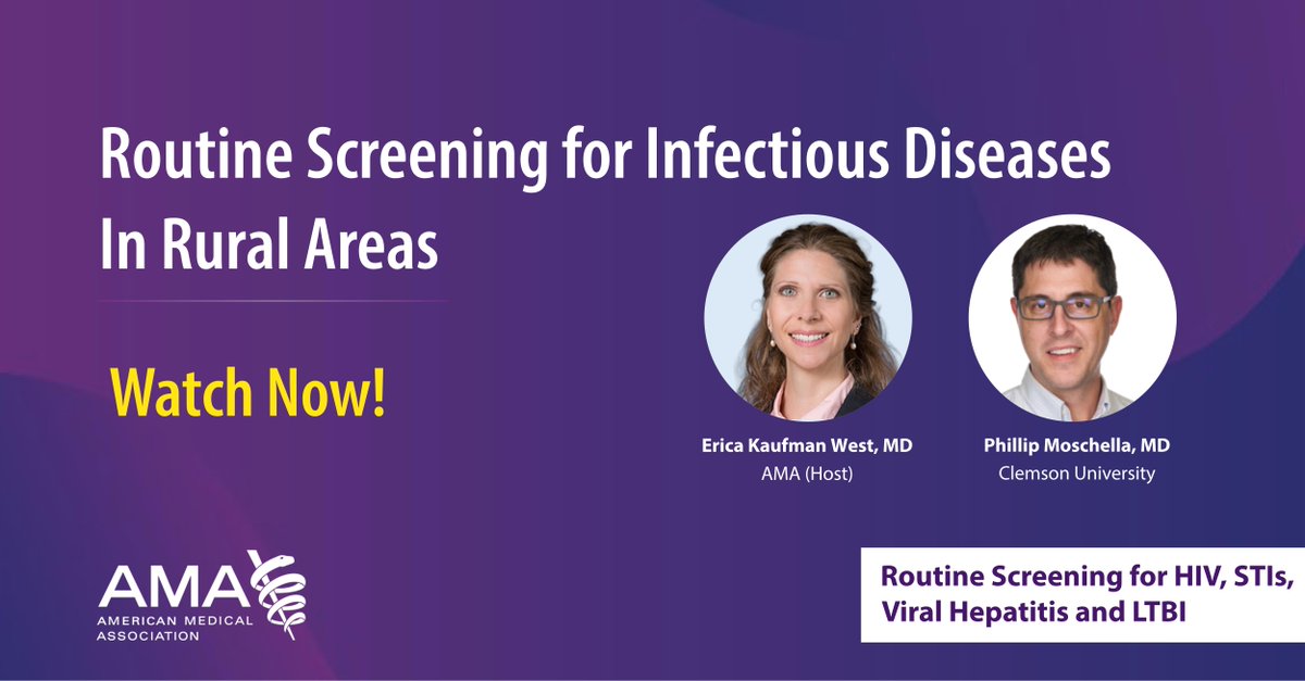 AMAEdHub's tweet photo. Rural communities face unique health challenges, and rural physicians are uniquely positioned to make a meaningful impact. Erica Kaufman West, @AmerMedicalAssn leads a discussion on how routine screening for #HIV, #STIs, #ViralHepatitis and #LTBI in emergency departments can strengthen care and improve outcomes in rural settings.
