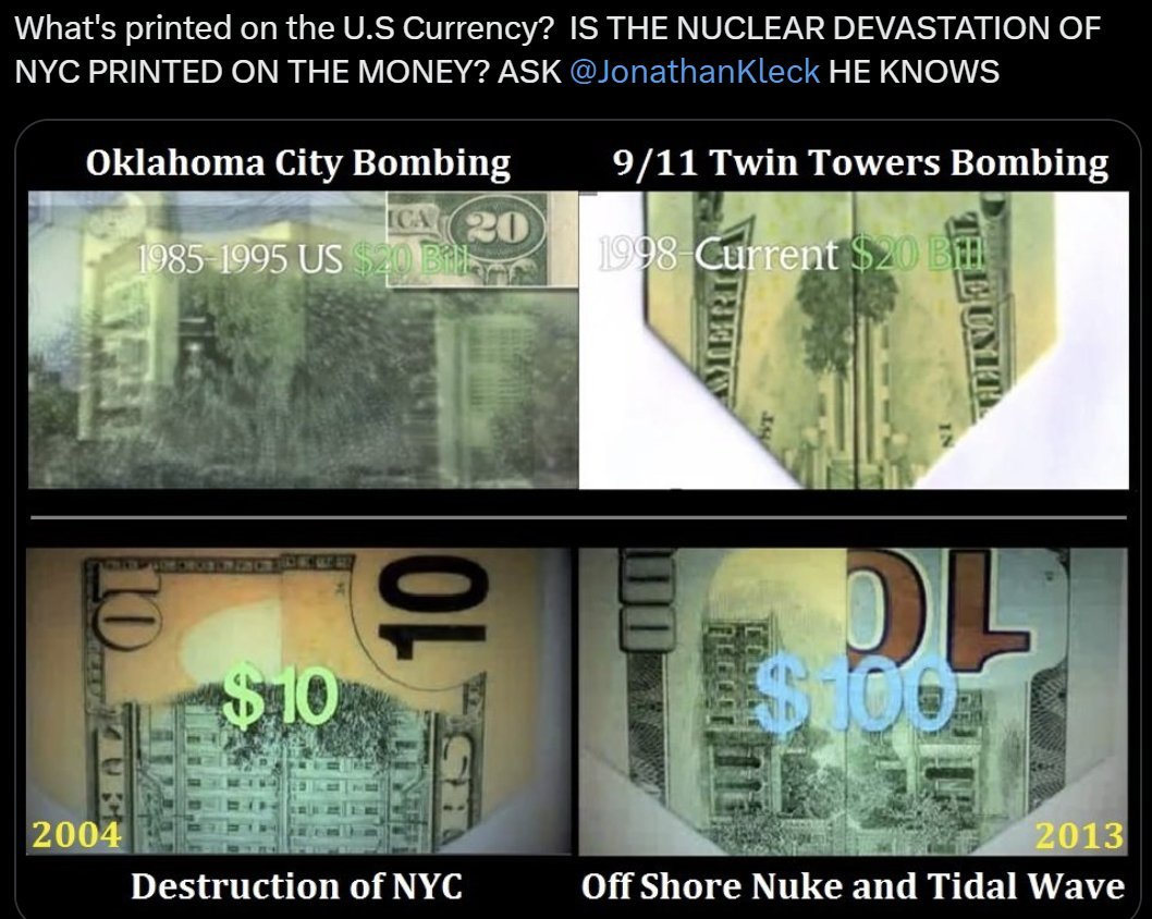 HosanaABBA's tweet photo. @TuckerCarlson What's printed on the U.S Currency?  IS THE NUCLEAR DEVASTATION OF NYC PRINTED ON THE MONEY? ASK @JonathanKleck HE KNOWS https://t.co/Cr6Wb0oMEP