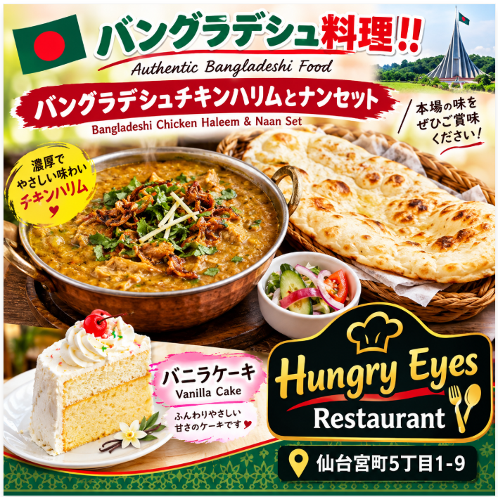 art_node's tweet photo. 大縁会 出店 ④
🇧🇩ハングリーアイズ🍽️  

仙台市宮町にあるバングラデシュ料理店「HUNGRY EYES ハングリーアイズ」です。10月3日は大人気のチキンハリムやビリヤニ、食後にも嬉しいバニラケーキをご用意します。是非この味を確かめに来てください！会場でお待ちしています✨ https://t.co/yTk4cjDBvD