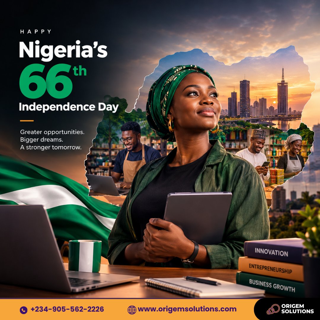 origemsolutions's tweet photo. 66 years of independence.
Now, let's build what's next.
More ideas. More innovation. More businesses. More opportunities.
Happy 66th Independence Day, Nigeria. π
#NigeriaAt66 #OrigemSolutions https://t.co/pQDlvv2Y1v