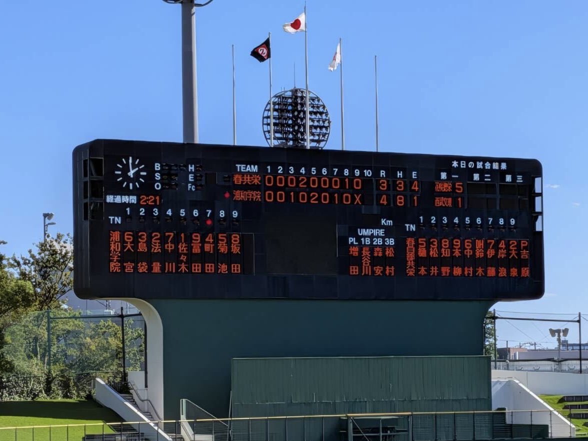 Urawa_Gakuin's tweet photo. 【男子硬式野球部⚾】
令和8年度 秋季埼玉県高等学校野球大会

《3回戦》
春日部共栄 000 200 010 ＝3
浦和学院　 001  020 10x ＝4

ご声援ありがとうございました‼️
次戦▶️10/3(土)11:30 🏟️大宮公園野球場 🆚山村学園高校
引き続き応援よろしくお願いいたします📣
#浦和学院 #浦学 #高校野球 #埼玉県 https://t.co/HRozzjX20K