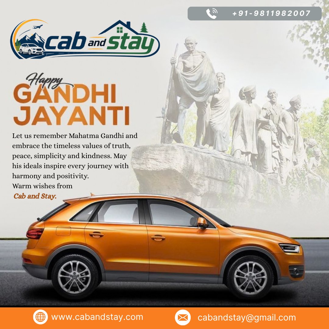 cabandstay's tweet photo. Happy Gandhi Jayanti!

Remembering Mahatma Gandhi and his timeless values of truth, peace, simplicity and non-violence.

🚖 Cab Services | 🏨 Hotel Booking
🛣️ Local &amp; Outstation Travel

Cab and Stay — Your Journey, Our Care.

📞 +91-9811982007
🌐 https://t.co/f7KA9DdzM0 https://t.co/4olwx5QzlG