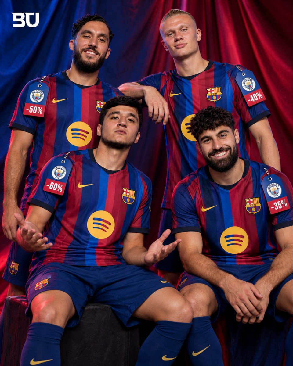 BarcaUniversal's tweet photo. 🚨 Imagine this scenario... Manchester City receive a sanction over the 115 Premier League charges if their appeal it's not valid, triggering a potential MASS EXODUS of players.

And if City were forced to sell, some of their biggest stars could suddenly become available for WAY BELOW their normal market value.

Erling Haaland, Rayan Cherki, Joško Gvardiol, Abdukodir Khusanov: Imagine Barça having the opportunity to bring ONE of them in, either in JANUARY or next SUMMER.