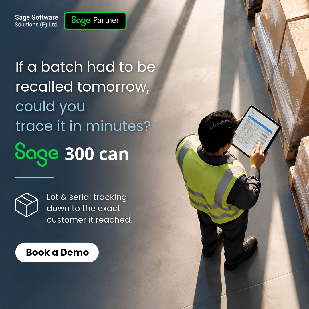 sageindia's tweet photo. With Sage 300, every batch is traceable down to the exact customer it reached.

𝗗𝗶𝘀𝗰𝗼𝘃𝗲𝗿 𝗦𝗮𝗴𝗲 𝟯𝟬𝟬: https://t.co/3CR9dVK5ZH

#Sage300 #InventoryManagement #ERP #BatchTracking 
#SupplyChainManagement #Manufacturing #ERPSoftware #BusinessTechnology https://t.co/1fUlLj8uK6