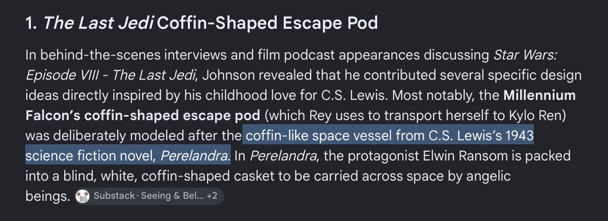 Larkbird_Song's tweet photo. This coffin pod is another declaration of Rey's love for Kylo. She's willing to trade her life for him to pay the ransom. 

C.S. Lewis's Space Trilogy inspired Johnson to create this coffin pod for Rey. The main character, Ransom, rode in a coffin-shaped pod.  See note.  

🧵 https://t.co/GNs7tx2Flw