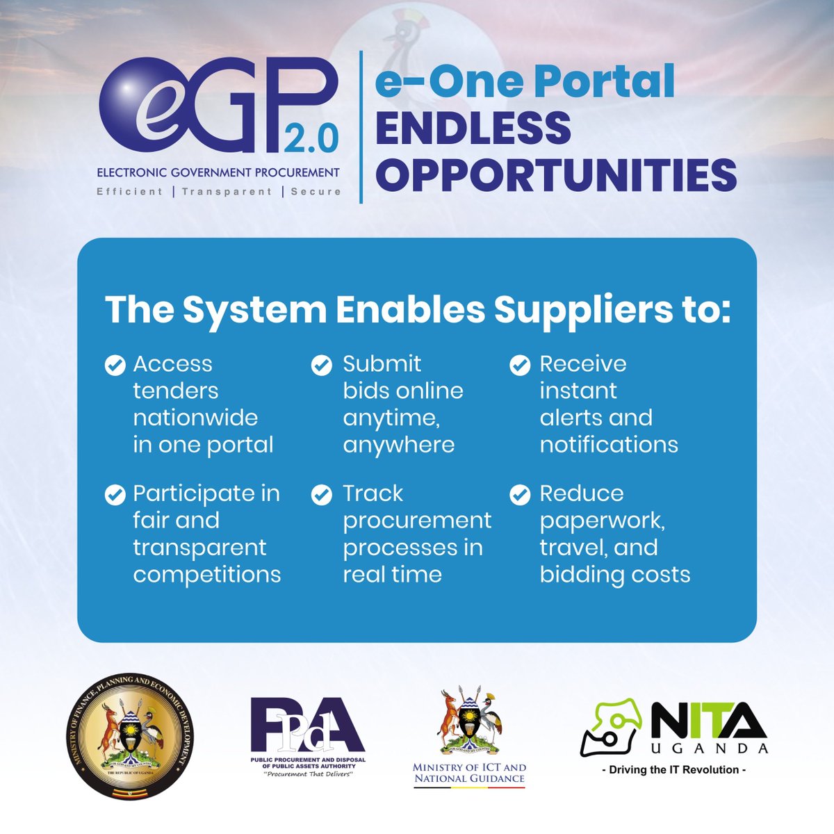 eGPUganda's tweet photo. Endless opportunities for suppliers, contractors, and service providers. 
#ProcurementThatWorks https://t.co/WcVldTwPKY