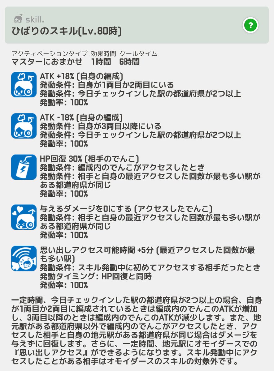 ekimemo's tweet photo. 新でんこ「ひばり」のスキルをご紹介✨
編成内のATKを変動させる効果に加え、地元の都道府県ではない場所で同郷のマスターにアクセスしたとき、一定時間地元駅にオモイダースでの『思い出しアクセス』ができるようになります🍬
一期一会の出会いが、おでかけをさらに楽しくしてくれますね♪
#駅メモ https://t.co/d5xeHu0Gd1