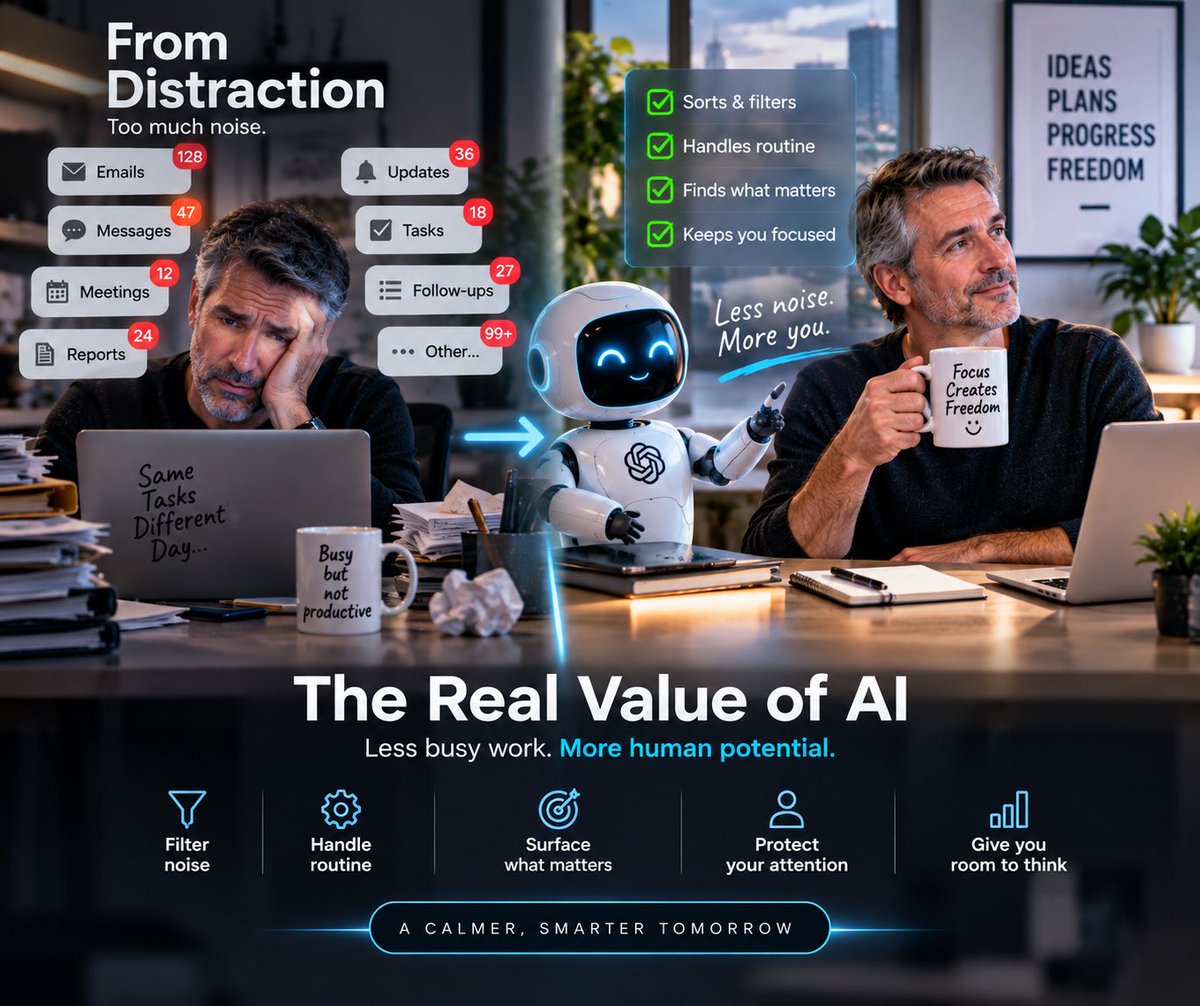visautomation's tweet photo. The scarce resource in business isn’t data.
It isn’t software.
It’s human attention.

Great AI doesn’t just save time. It protects focus — deciding what deserves your attention and quietly handling what doesn’t.

#AI #Automation #Productivity https://t.co/4lNSaEglAo