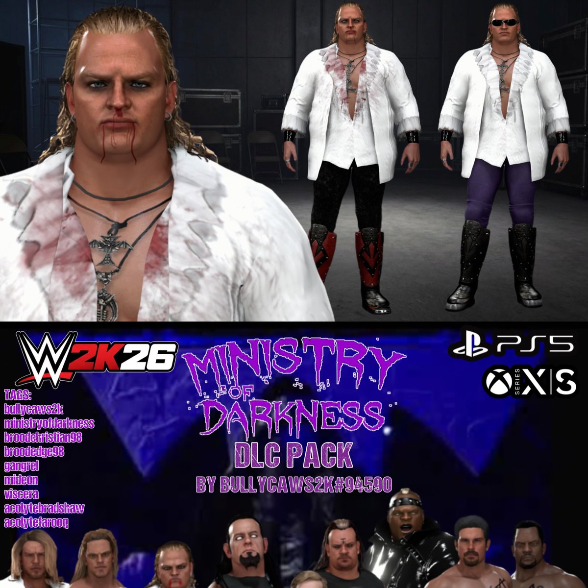 bullycaws2k's tweet photo. Hey guys! I’m new here! Just got finished uploading my ministry of darkness pack to #WWE2K26 CC. You can find them by searching #bullycawswwe2k or #ministryofdarknesspack
Plenty more to come! https://t.co/v5OCnEaZQc