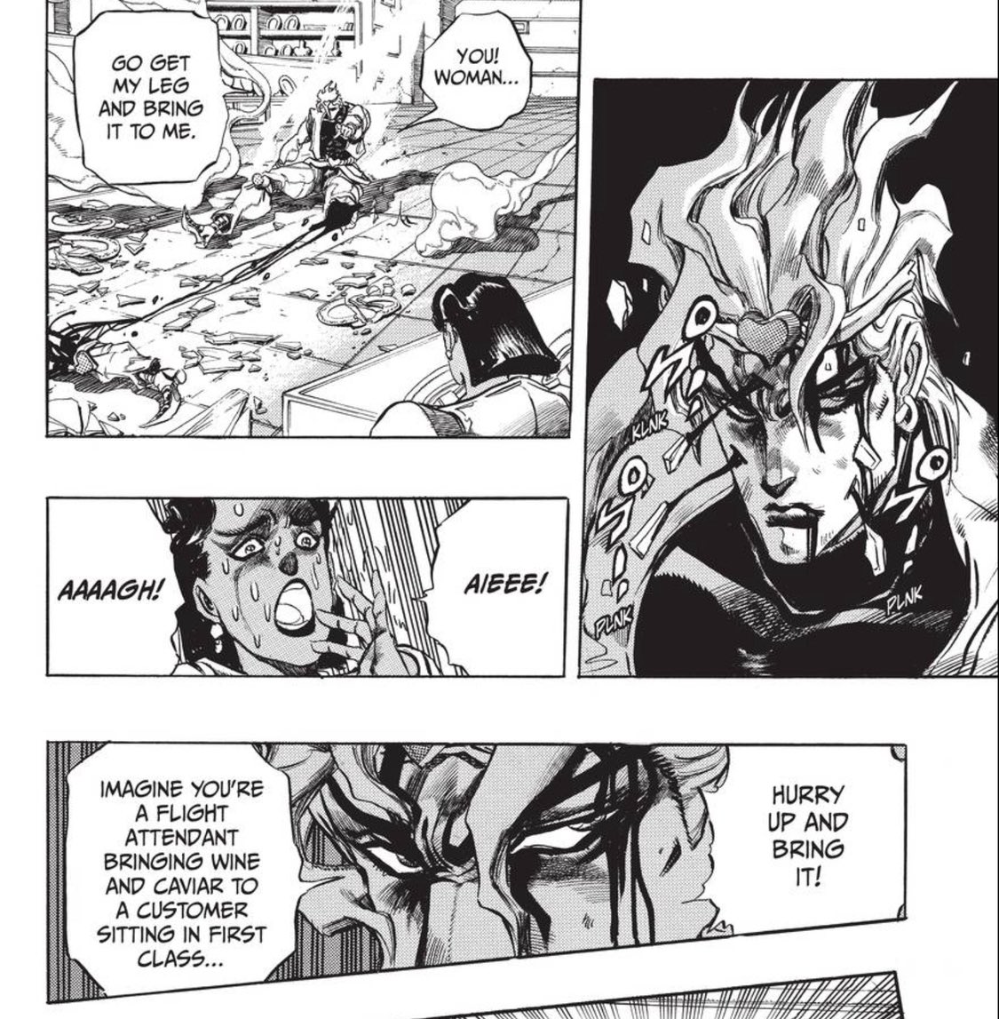 elfbullock221's tweet photo. @EMPORIOSMOM My favorite quirk in jojo is a character explaining something and giving a weirdly specific example. The most iconic one is Dio asking a woman to give him his arm like a flight attendant gives a first class customer wine and caviar. https://t.co/fUFReiD3W2