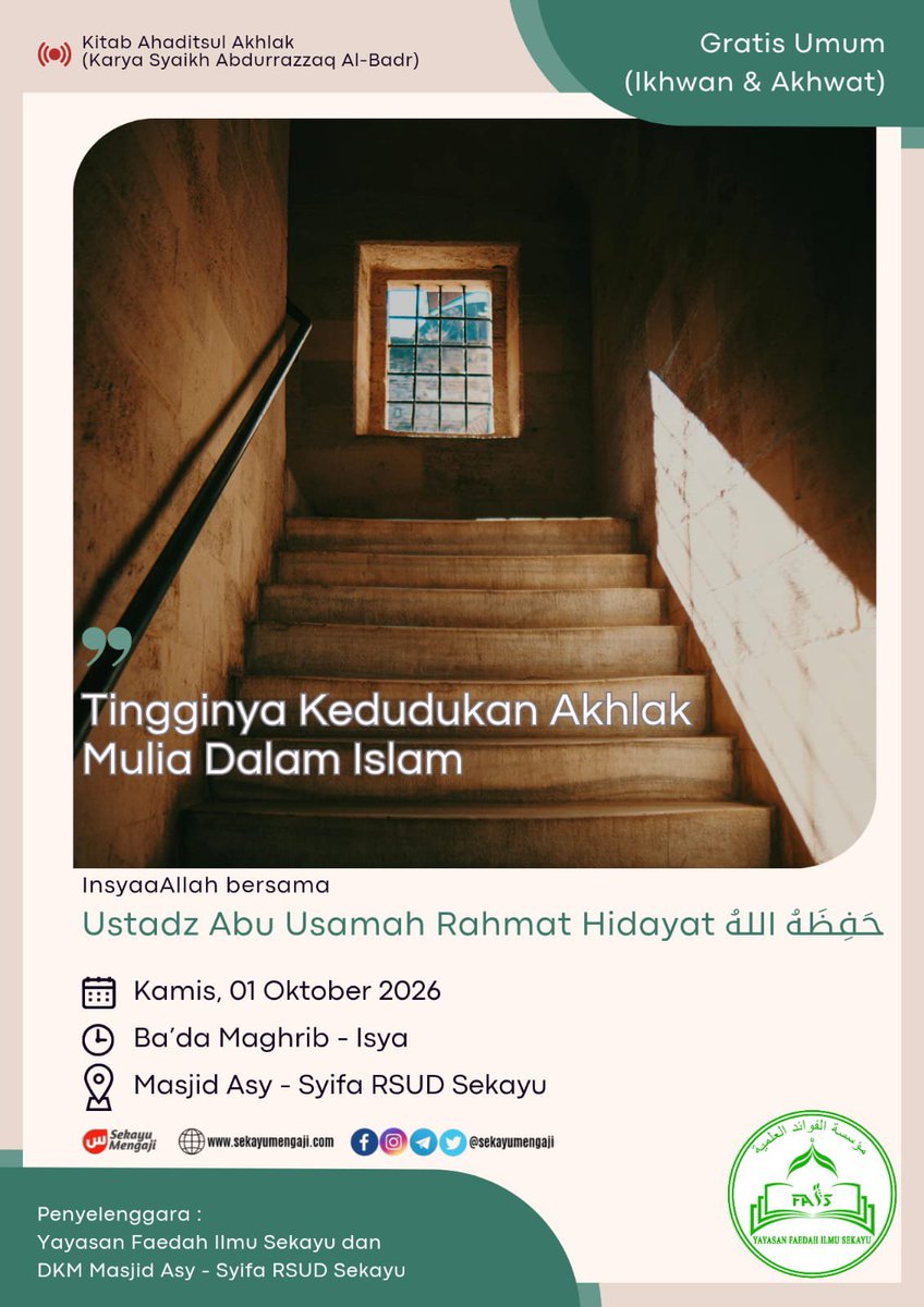 sekayumengaji's tweet photo. Ceramah Islam Ilmiah di Masjid RSUD Sekayu 01 Oktober 2026 #sekayu #muba #musibanyuasin #ceramah https://t.co/vLDPFJSIlp