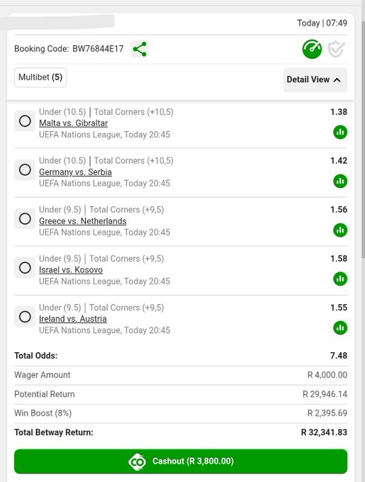 A mobile betting interface shows a multibet slip (Code: BW76844E17) for UEFA Nations League matches: Malta vs. Gibraltar, Germany vs. Serbia, Greece vs. Netherlands, Israel vs. Kosovo, and Ireland vs. Austria, with a wager of R 4,000.00 and total return of R 32,341.83.