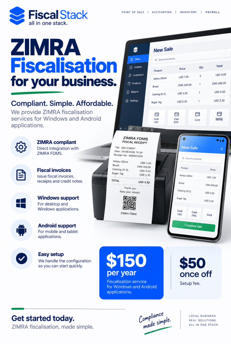 timiretimzzy2's tweet photo. Time to work, for your Fiscalisation solutions, integrations and built in POS systems, get in touch with FiscalStack and let’s help you comply with ZIMRA, https://t.co/rWz2wTUwb9