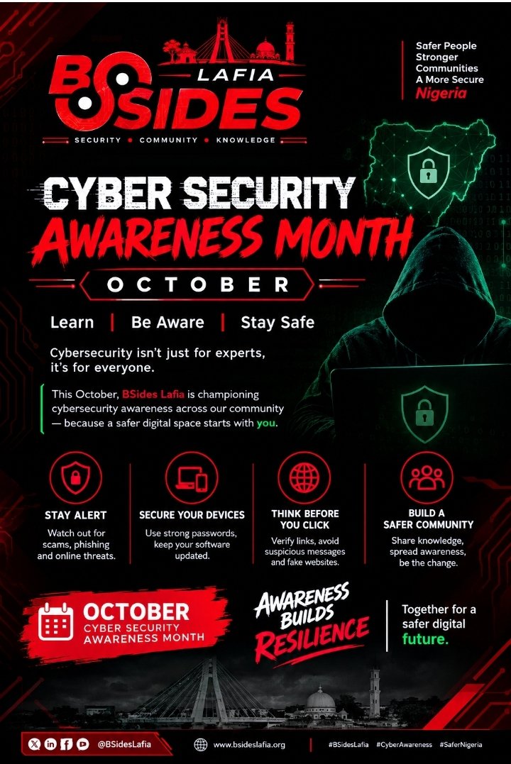BsidesLafia's tweet photo. Cybersecurity Awareness Month October

This October, BSides Lafia joins the global cybersecurity community in promoting awareness, responsible digital habits, and a safer cyberspace for everyone.

#CybersecurityAwarenessMonth #CyberSecurity #BSidesLafia #CyberAwareness https://t.co/82le0lHFHy