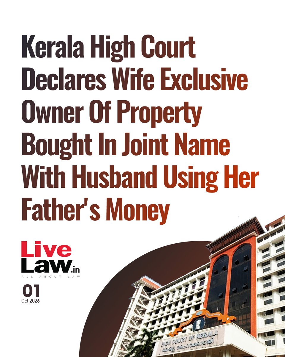 LiveLawIndia's tweet photo. The Kerala High Court has recently declared a woman exclusive owner of a property bought in joint names with her husband, using her father's money.
Read more: https://t.co/eGnRv1NdUz
#KeralaHighCourt #FamilyCourts #Section14 #Section92 https://t.co/hcdPFTHo2w