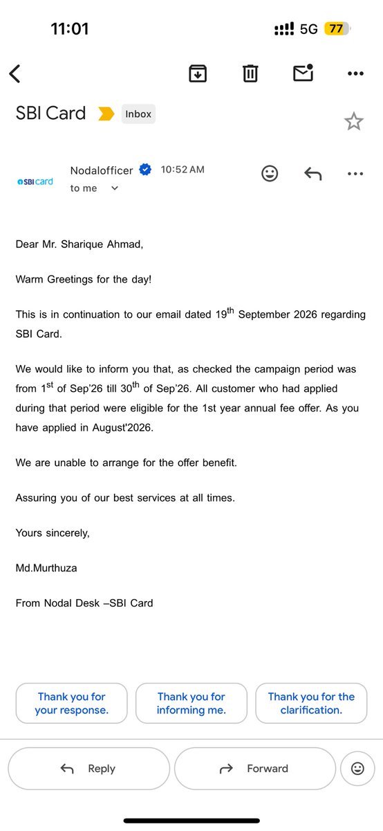ShariqueAhmad4's tweet photo. @SBICard_Connect Caught red-handed! Nodal Desk rejected my fee waiver claiming campaign was 1–30 Sep &amp; falsely stated I applied in Aug, Their official WhatsApp support just confirmed my application date is 07/09/2026—well within the window! Still silent on ₹1,250 welcome vouchers https://t.co/ofyqCbui3n