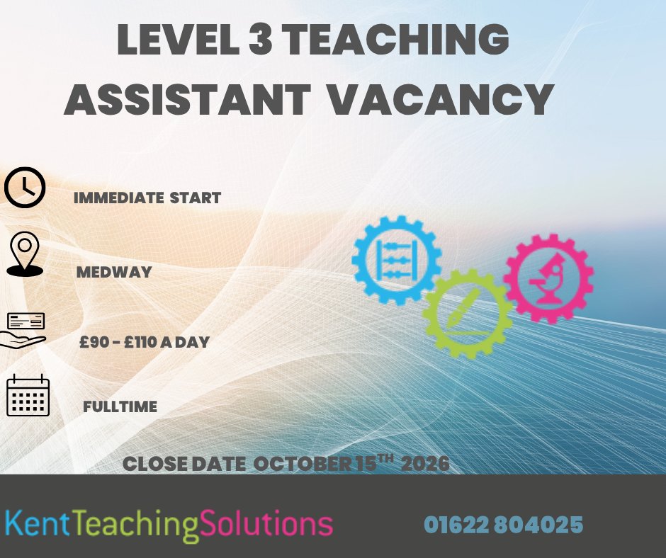 KentteachingKTS's tweet photo. We are looking for a Level 3 qualified Teaching Assistant in Medway to start immediately on a full-time basis. This is an exciting opportunity for an ambitious, committed and enthusiastic teaching assistant to join a driven and talented team.

https://t.co/oVPASCfj1o https://t.co/bhY0OLfldN
