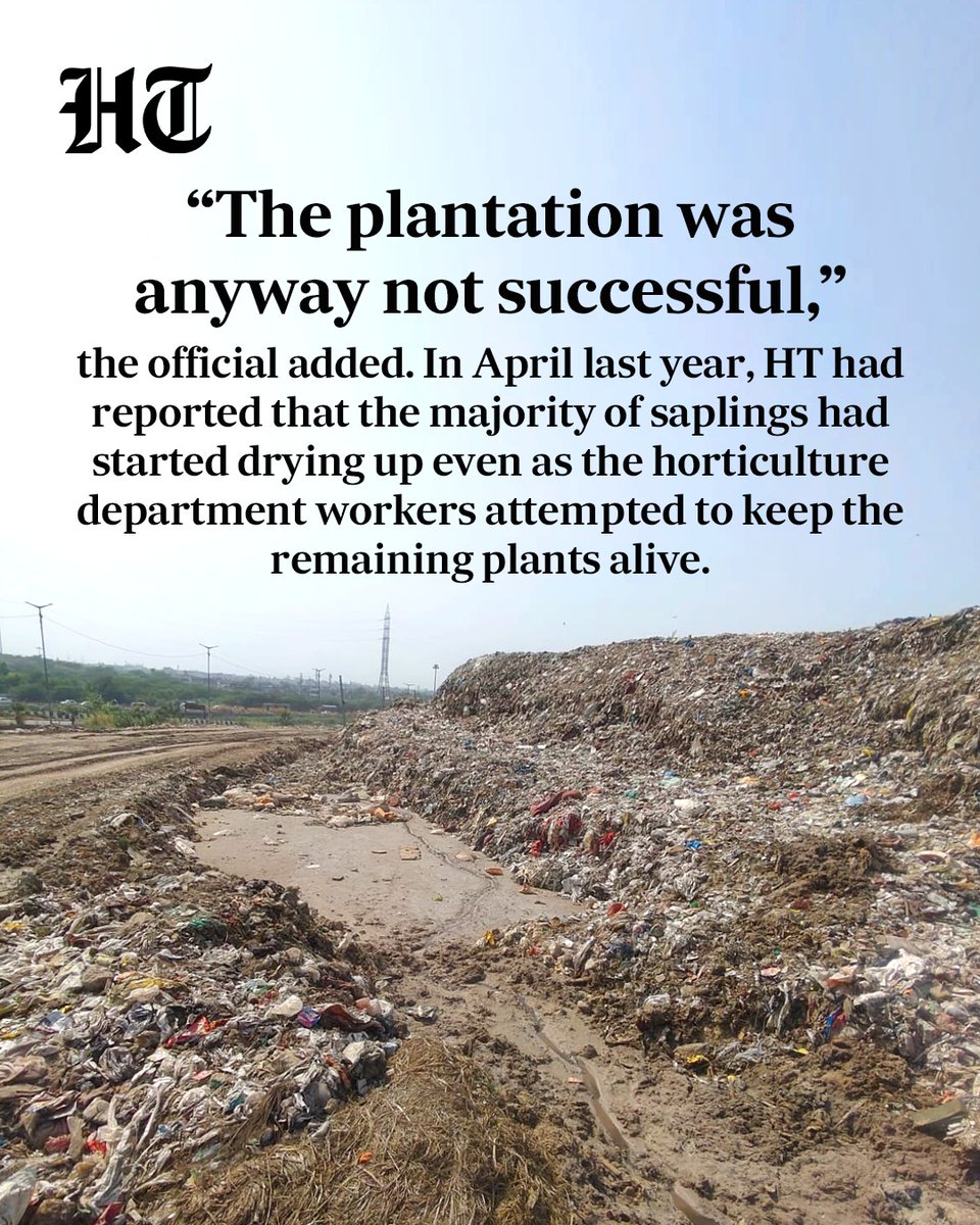 htTweets's tweet photo. The plan was to set up a lush bamboo grove at the Bhalswa landfill, Delhi’s infamous garbage mountain, marking its transformation into a “green zone”. 

A five-acre reclaimed site was selected and thousands of bamboo saplings were planted on March 4, 2025, in a drive led by the former lieutenant governor and Chief Minister Rekha Gupta. 

More than a year on, however, the site has a 30-feet high garbage mound and, everyday, municipal vehicles can be seen adding truckloads of garbage to it.

Read the full story🔗https://t.co/fJx0f87D5r

(@appriseParas ✍🏻)